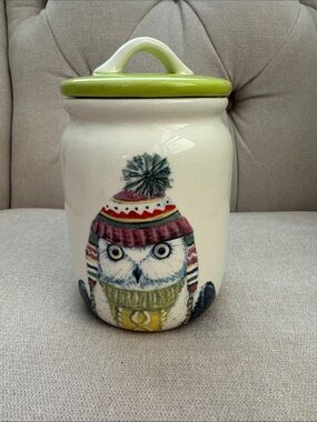 Lori Siebert Ceramic Winter Owl Jar with Lid